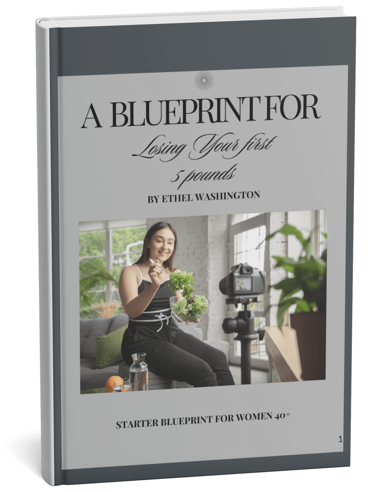 Cover of the Free Weight Loss Starter Blueprint, showing a smiling woman enjoying a healthy meal, with modern wellness icons and a clean, energetic design.